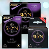 The image showcases three boxes of LifeStyles SKYN Elite Condoms (Latex-Free), highlighting attributes such as "thinner & softer" and "ultra thin & ultra soft for a comfortable fit." These non-latex condoms are available in boxes of 10 and 3 condoms, respectively.